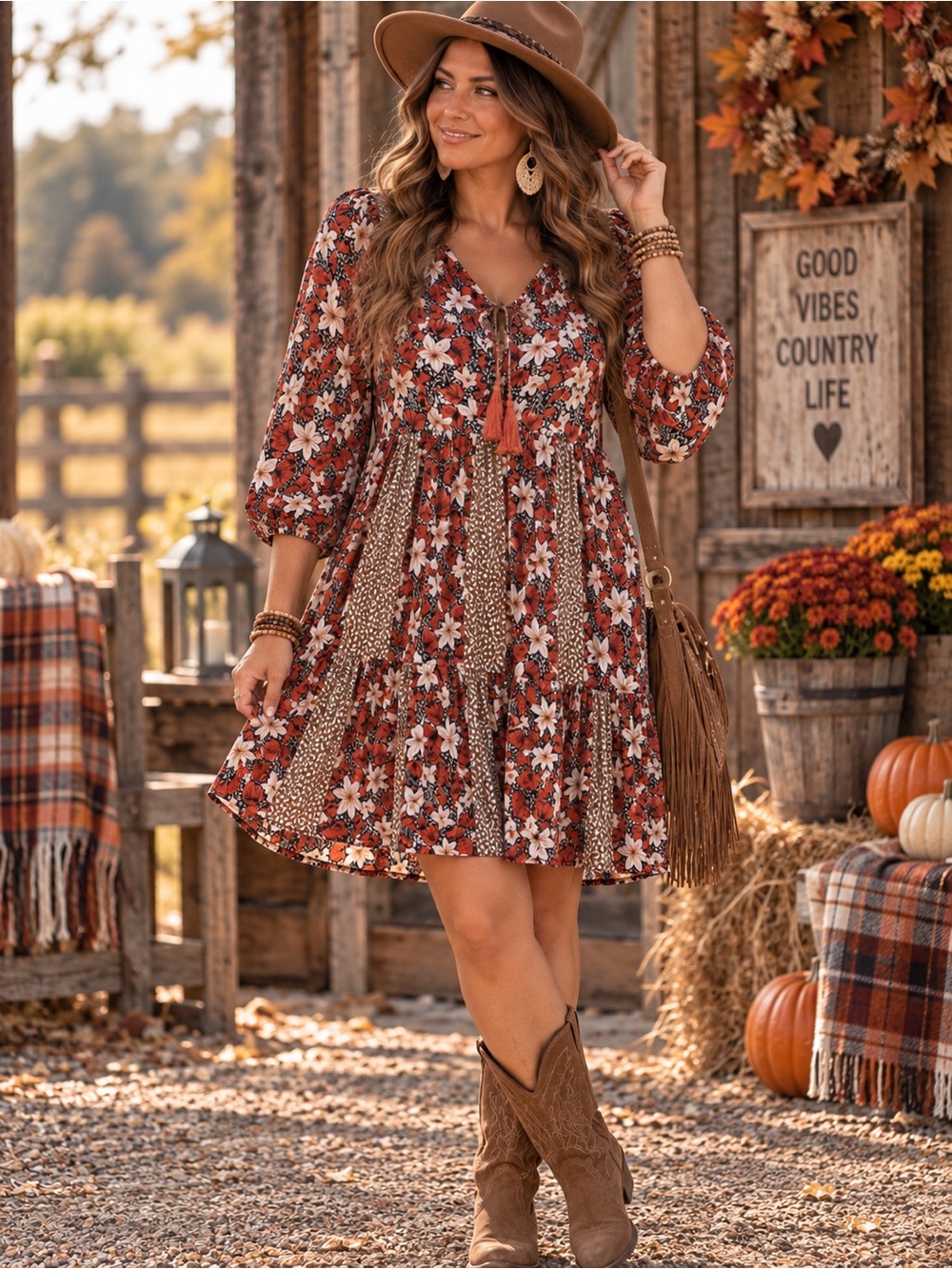 GiGiO Women’s Medium Floral Color Block Tiered Boho Dress - Rust Floral